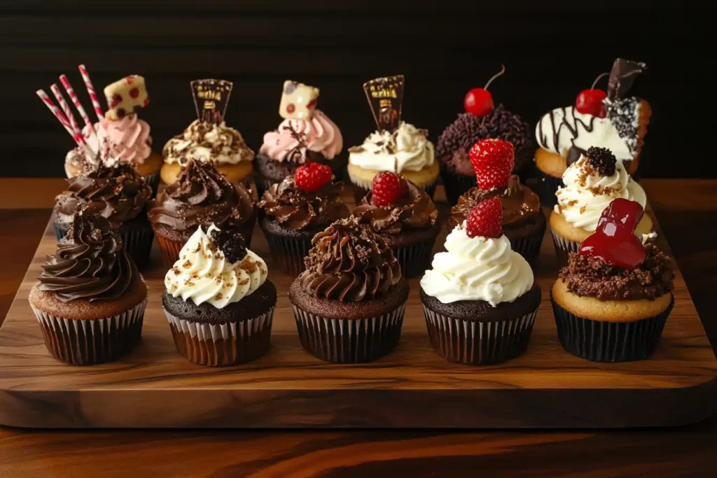Variations of Elvis cupcakes with chocolate and vegan options.