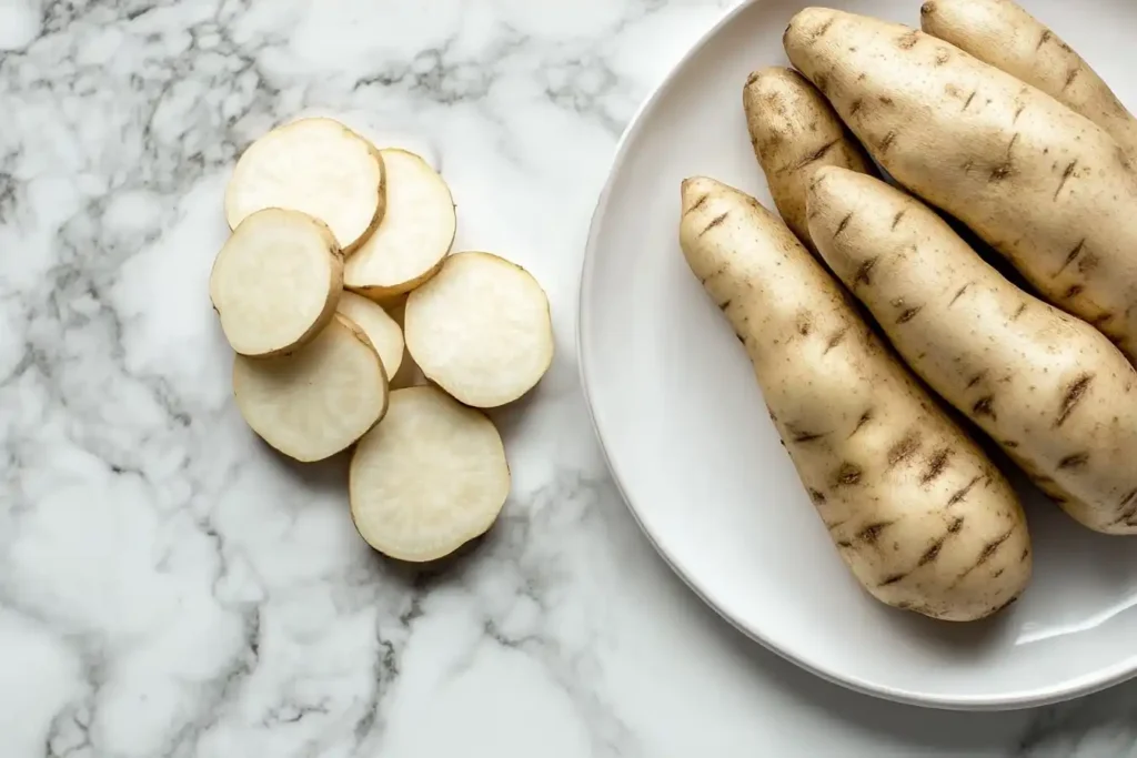 Whole and sliced white sweet potatoes on a white plate.