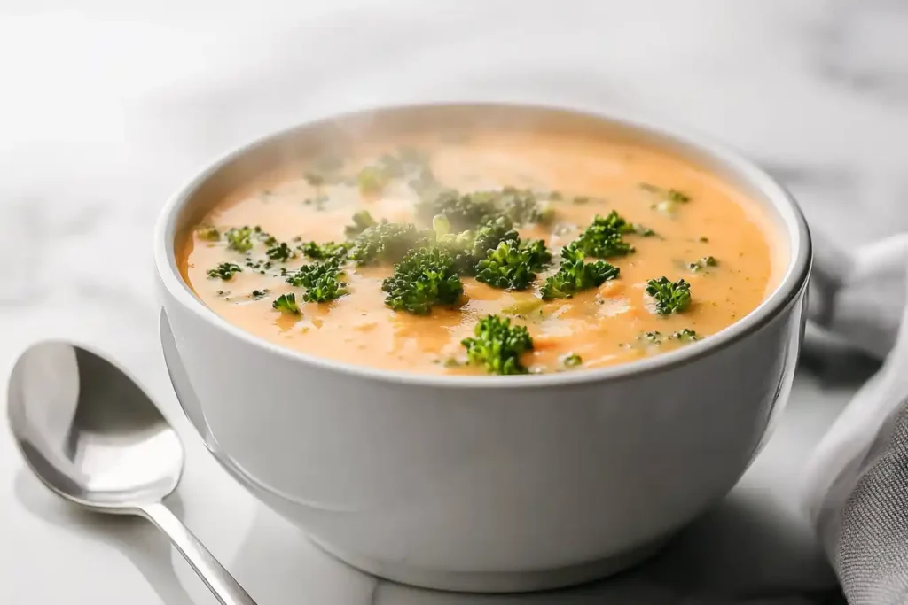 A bowl of smooth broccoli cheddar soup garnished with parsley.