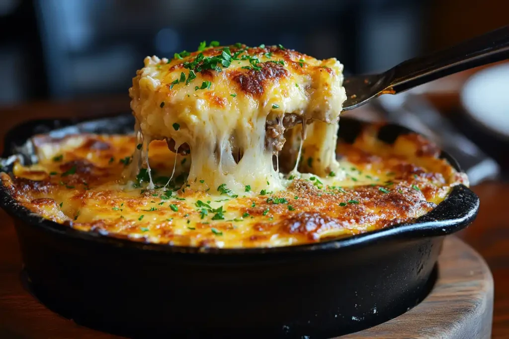 Classic beef lasagna served in a baking dish.