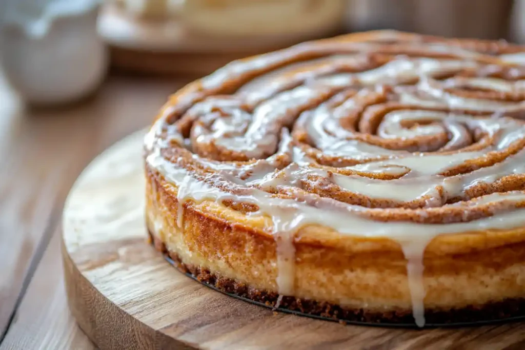 Cinnamon roll cheesecake with cream cheese glaze on a wooden table.