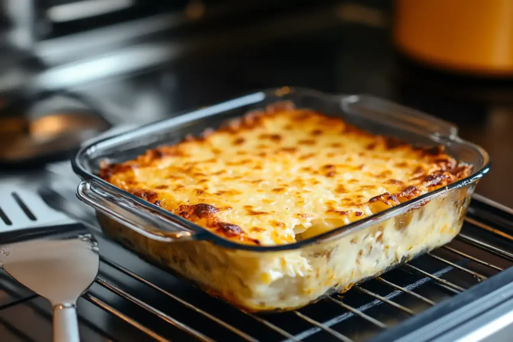 Freshly baked lasagna with golden cheese topping in a glass dish.