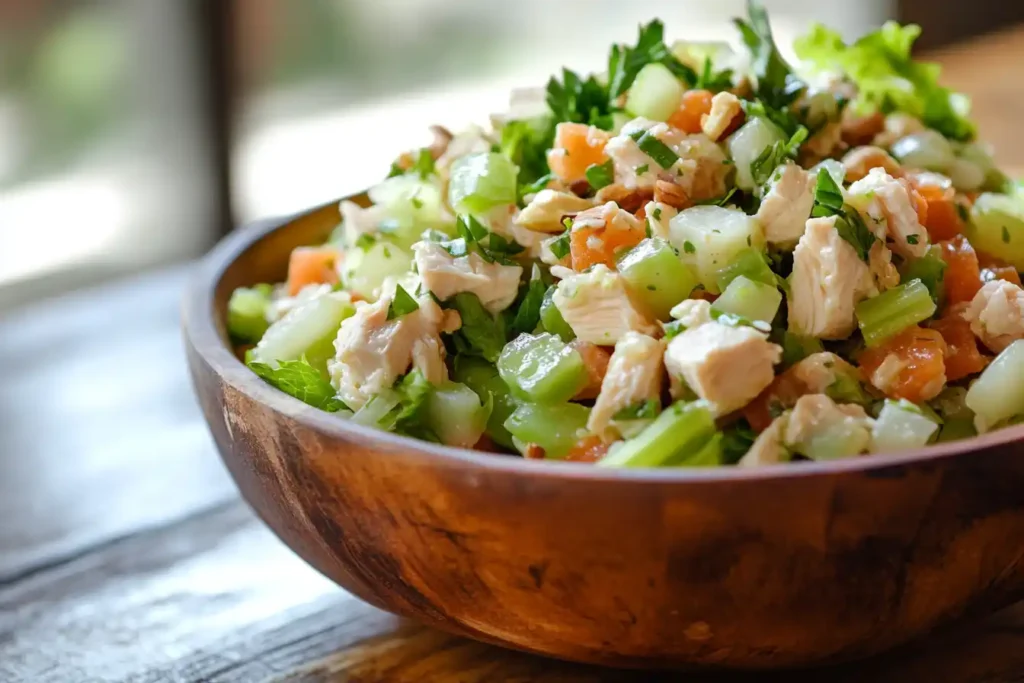 A bowl of healthy chicken salad with fresh vegetables and nuts.