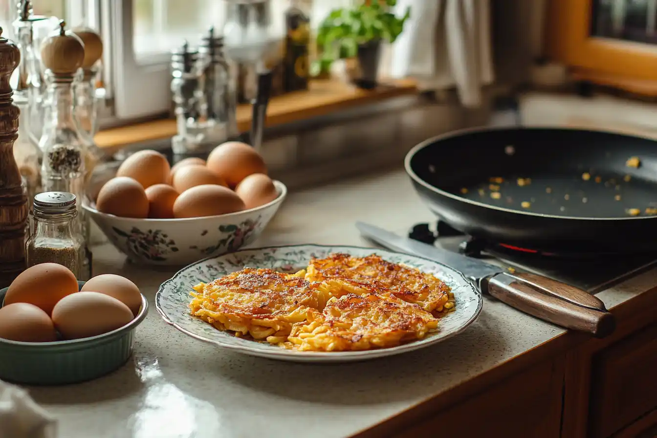 Crispy hash browns made from French fries on a kitchen counter.