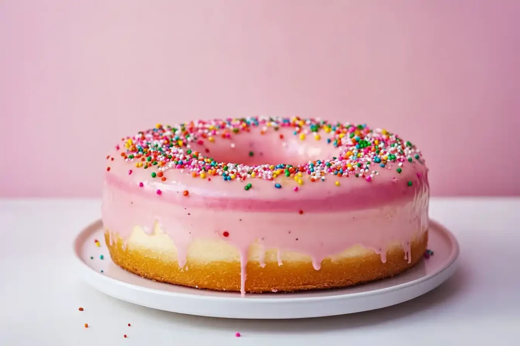 A pastel pink donut-shaped cake with colorful sprinkles on a minimalist white table.