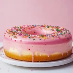 A pastel pink donut-shaped cake with colorful sprinkles on a minimalist white table.