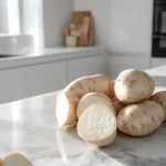 Fresh white sweet potatoes on a clean, modern kitchen countertop.