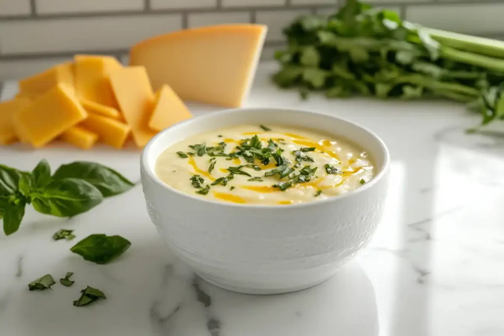 A modern bowl of soup with melted cheese and colorful cheese wedges.