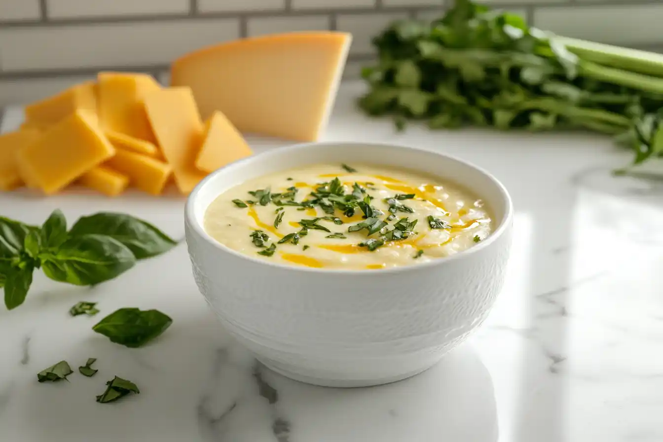 A modern bowl of soup with melted cheese and colorful cheese wedges.