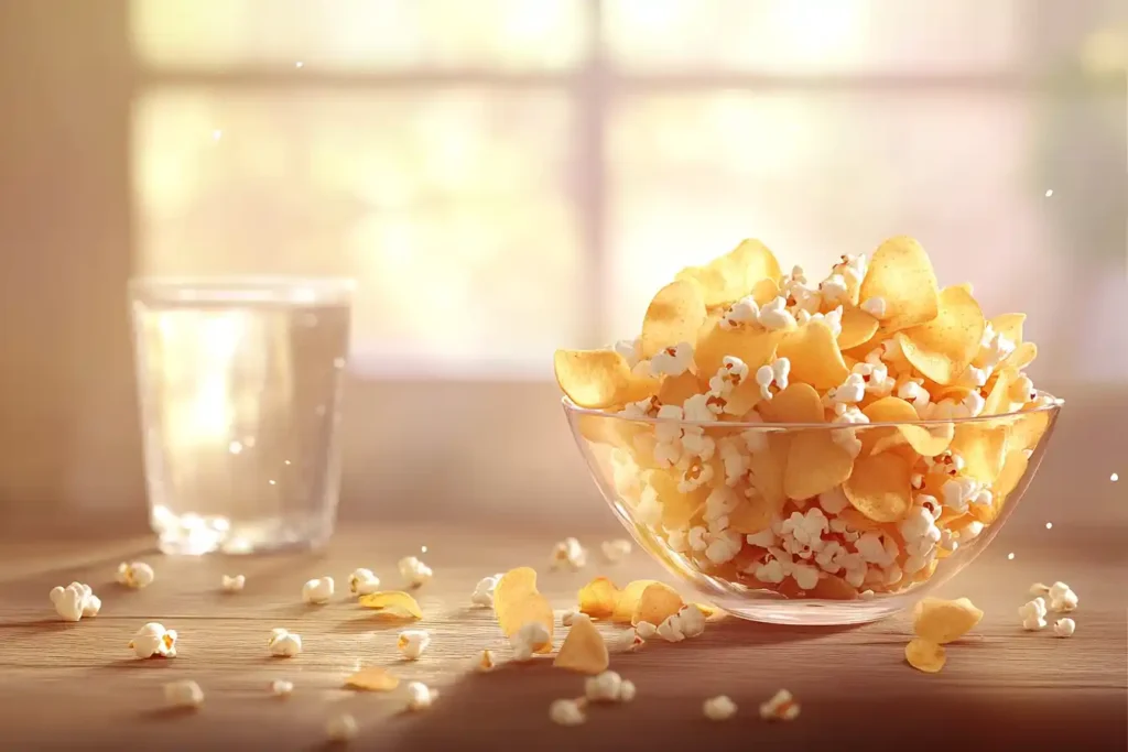 A bowl of popcorn chips on a table with scattered popcorn kernels and a glass of water.