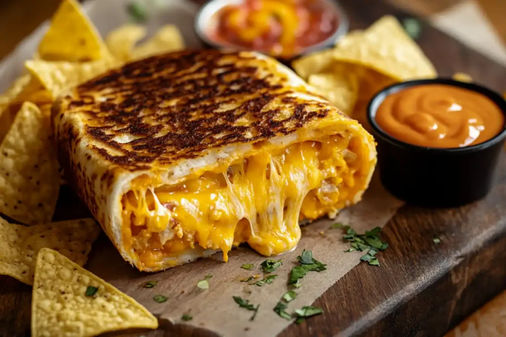 Grilled Cheese Burrito with melted cheese and dipping sauces.