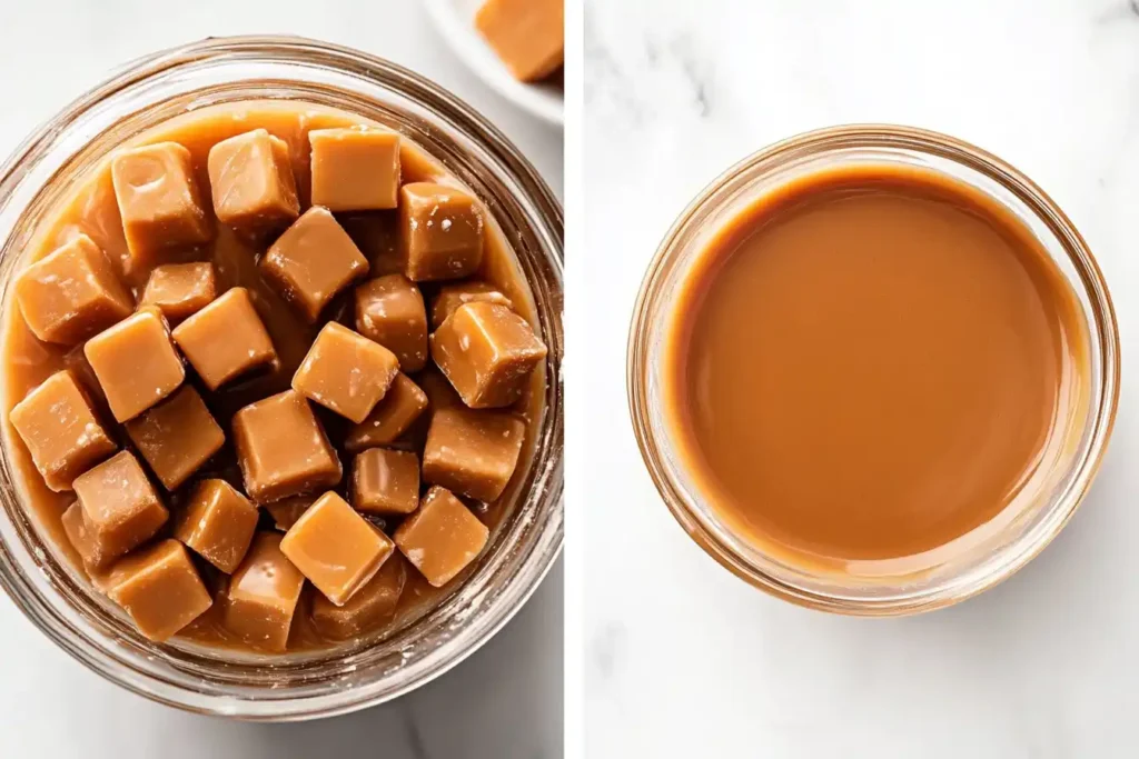 Butterscotch candies stored and melted over a dessert.
