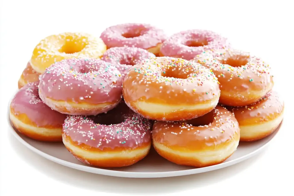 A stack of colorful glazed donuts arranged as a simple cake on a white plate.