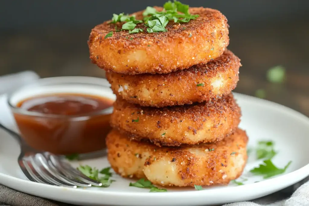 Stack of crispy hash browns garnished with parsley.