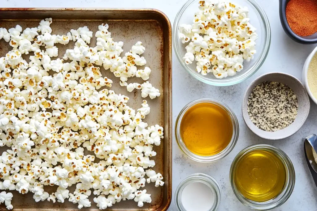 Ingredients and tools for making homemade popcorn chips, including popcorn, oil, and seasonings.
