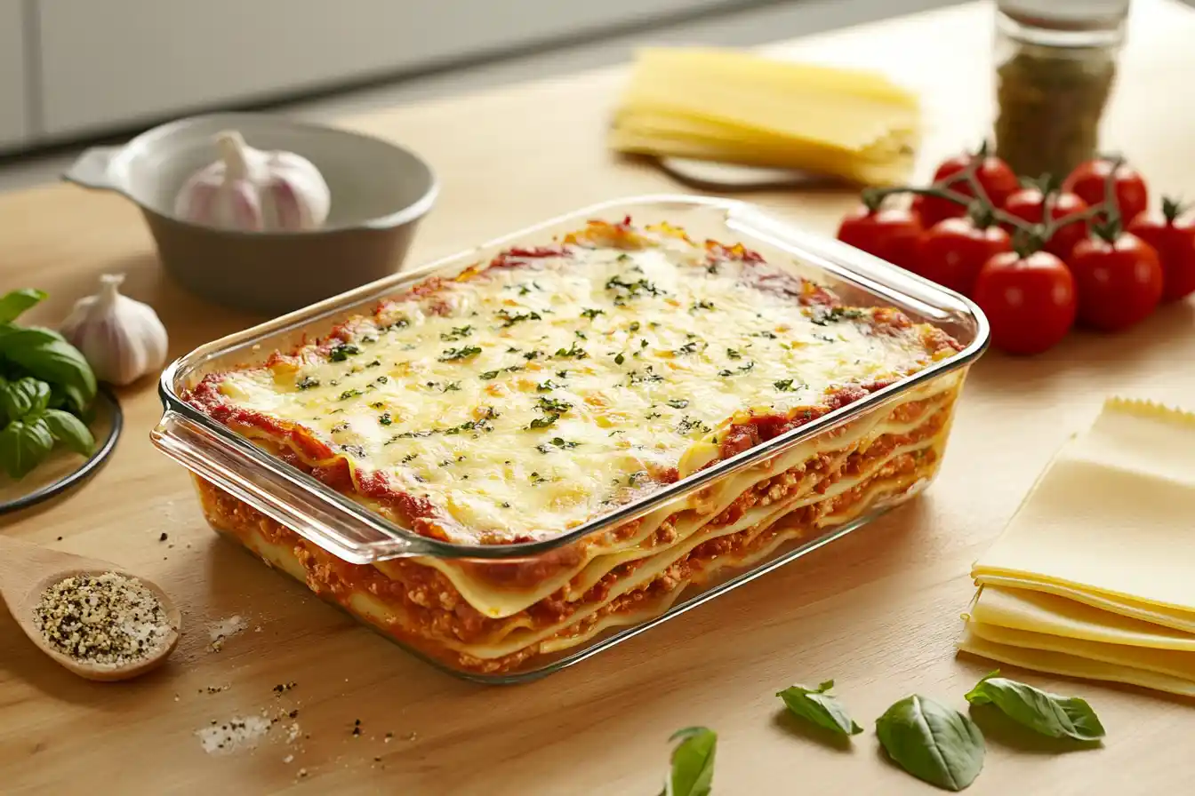 Freshly baked lasagna with oven-ready noodles and rich tomato sauce.