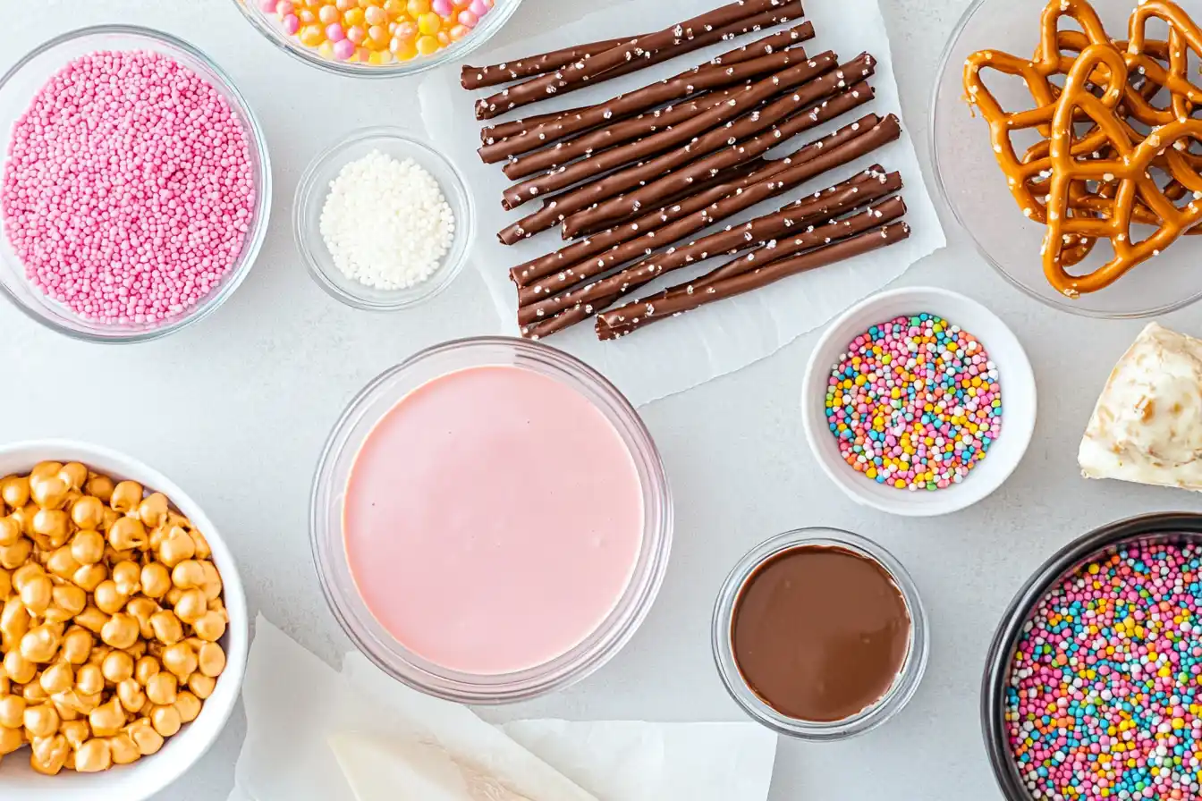 Ingredients and tools for dipping pretzel rods, including chocolate, sprinkles, and parchment paper.