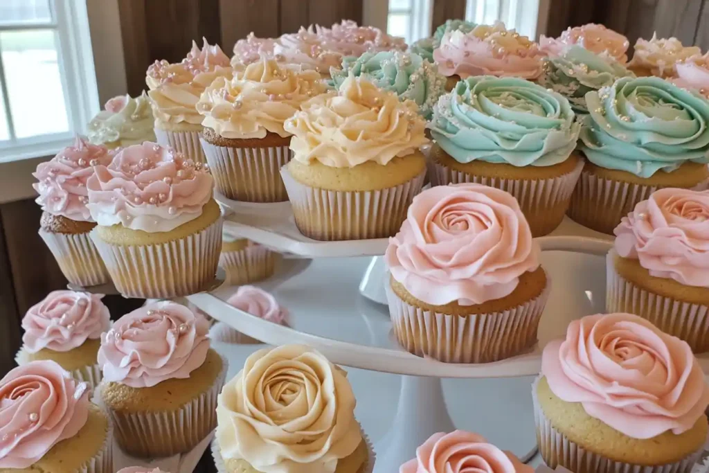 Rustic and vintage cupcakes with lace and pearl designs.