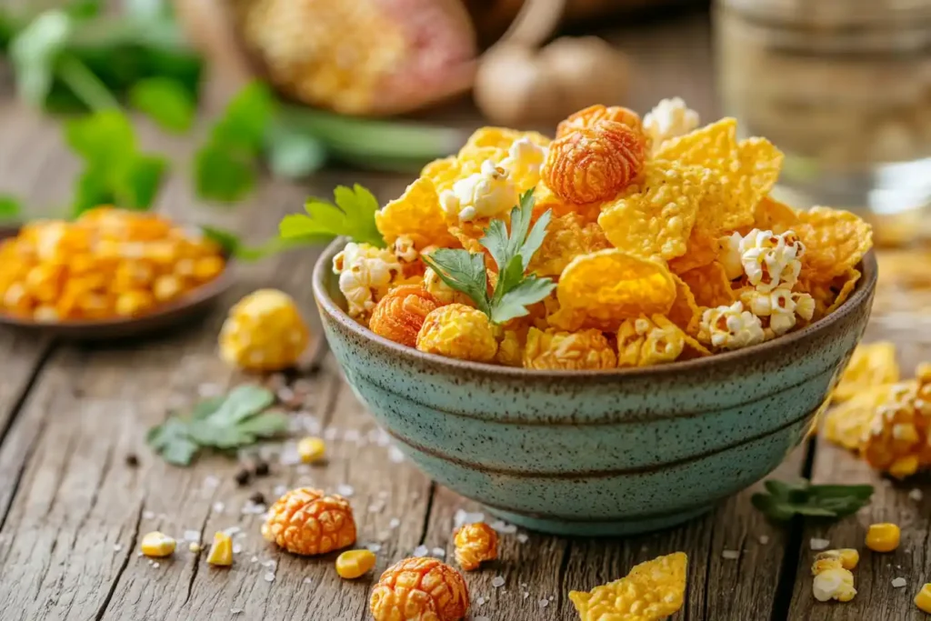 A bowl of colorful popcorn chips in multiple flavors on a wooden table.