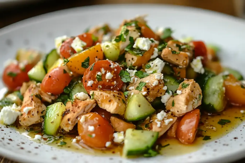 Chopped chicken salad with fresh vegetables and feta cheese on a white plate.