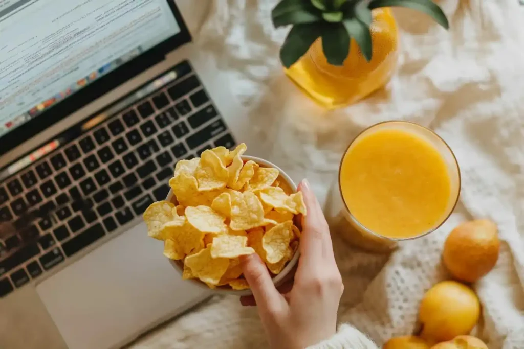 A person eating popcorn chips with a fruit smoothie while using a laptop.
