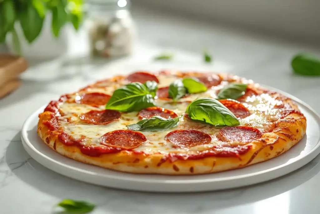 A fresh modern pizza pie on a marble table.