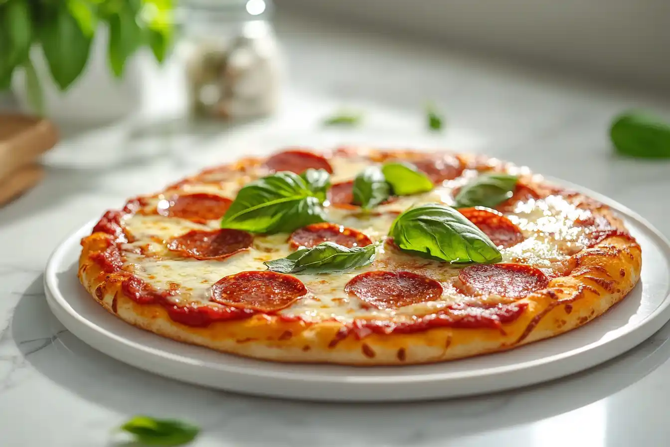 A fresh modern pizza pie on a marble table.