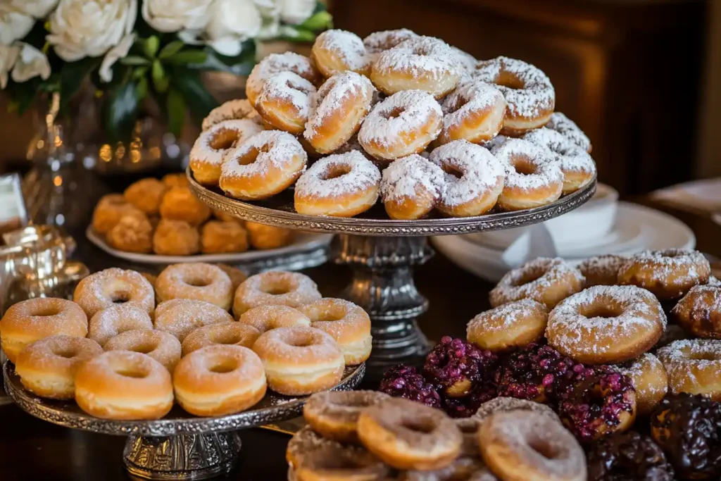 A variety of donuts with different flavors and toppings on a table.