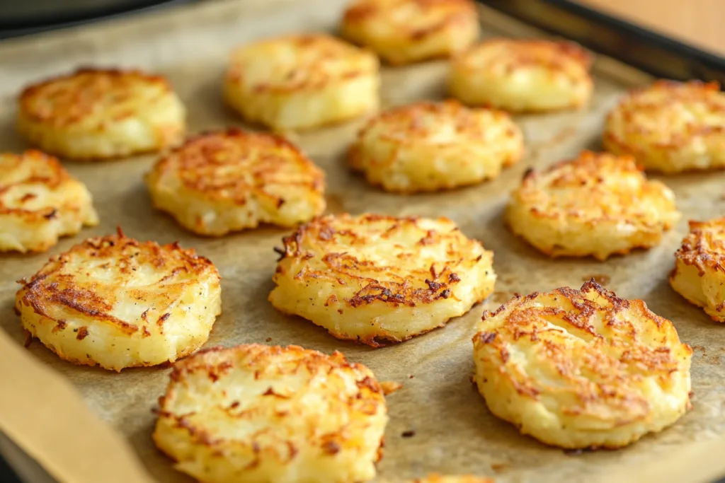 Healthy baked hash browns on a baking sheet.