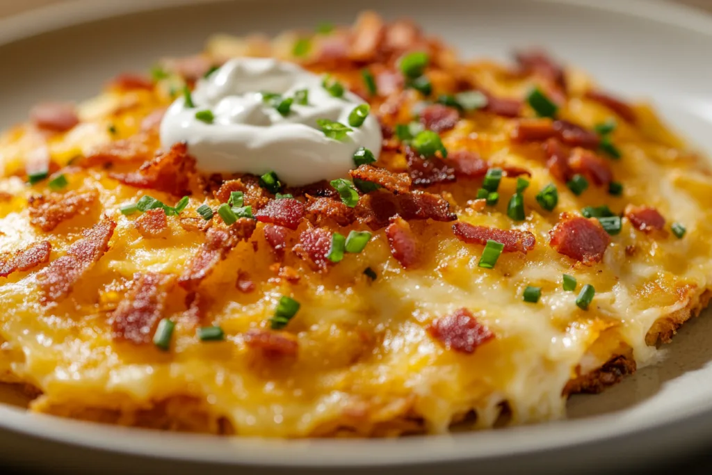 Loaded hash browns with cheese, bacon, and herbs.