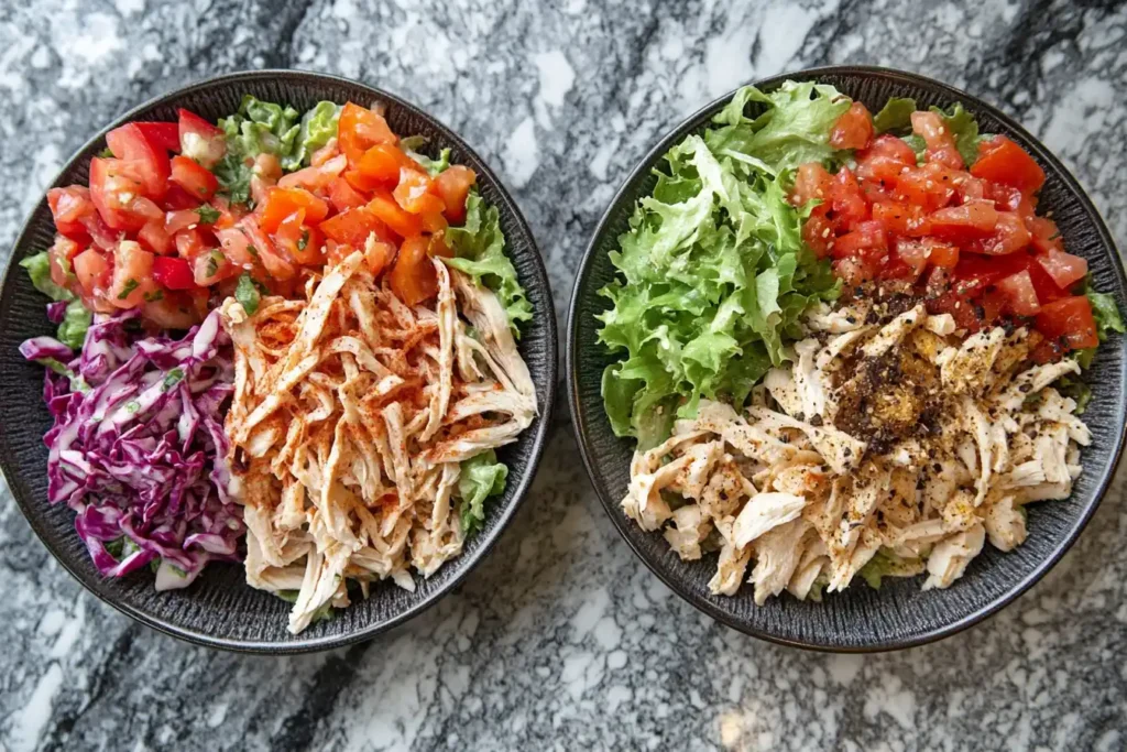 Text: Ingredients for shredded and chopped chicken salad recipes displayed side by side.