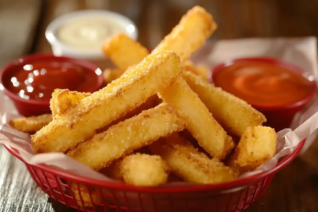 Crispy golden chicken fries served with dipping sauces.