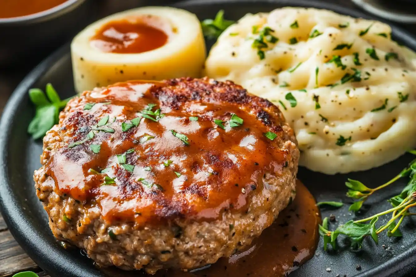 Salisbury steak with ground chicken served with mushroom gravy and mashed potatoes.